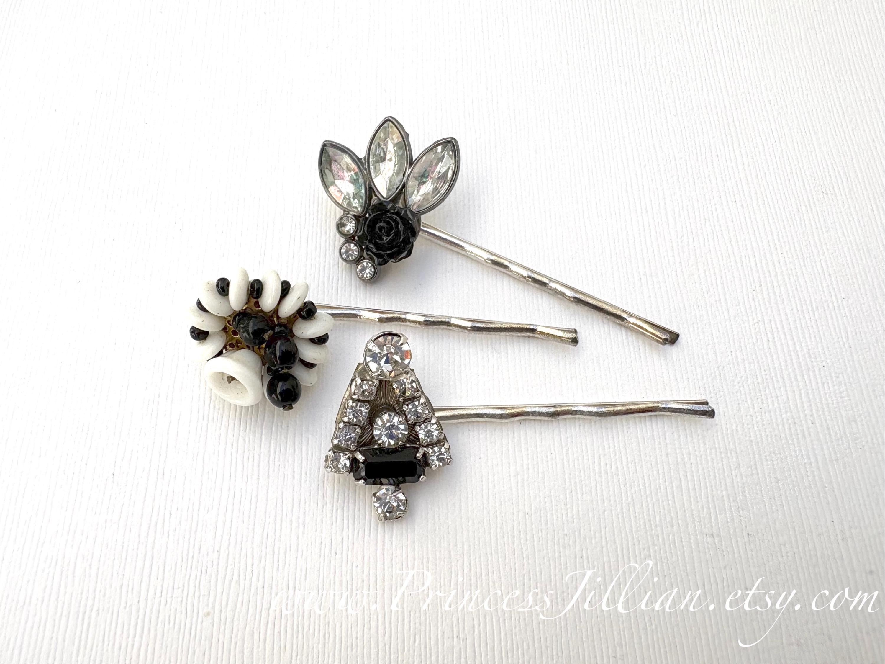 VTG Sterling and Onyx Barrette Made in France Vintage Victorian French Barrette 80MM- Thick Hair Barrette  main image 2