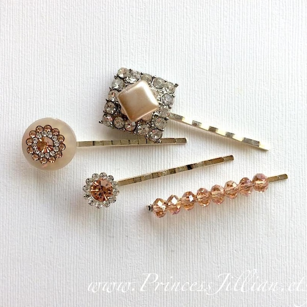Mixed media hair slides - Champagne peach floral rhinestones gem crystal beaded vintage earring art deco fancy girl jeweled hair accessories