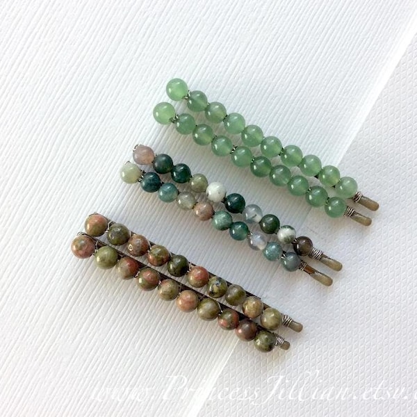 Beaded hair pins - Green mini round semi precious stone decorative simple nature earth spiritual heal minimalist embellish hair accessories