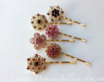 Rhinestone bobby pins - Victorian red pink purple sparkly flower gems floral great gatsby wedding jewel bridal decorative hair accessories