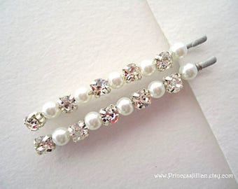 Bridal Rhinestone and pearl bobby pins - Sophisticated classic minimalist embellish decorative jeweled traditional wedding hair accessories