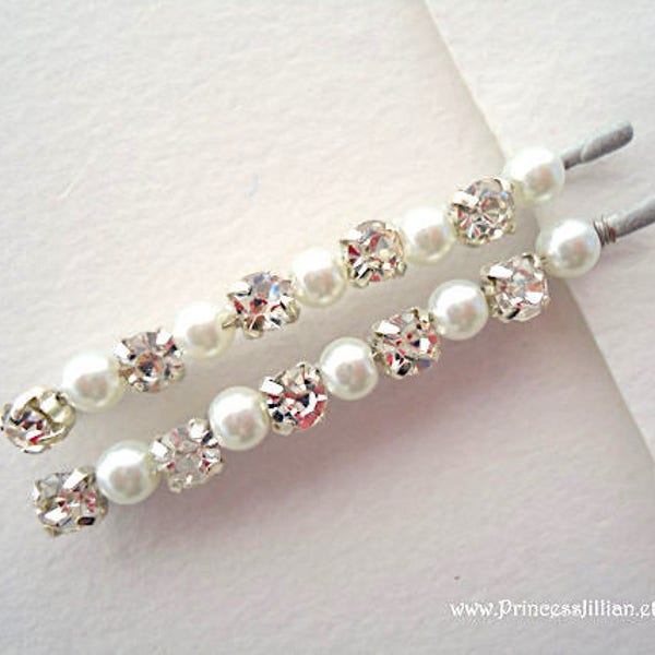 Bridal Rhinestone and pearl bobby pins - Sophisticated classic minimalist embellish decorative jeweled traditional wedding hair accessories