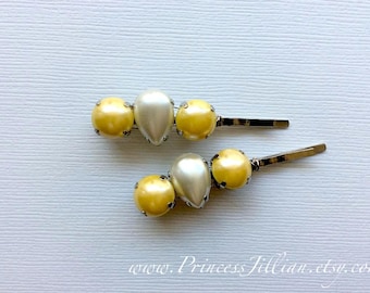 Rhinestones hair slides - Yellow gold ivory beige frosted teardrop pearl unique adorable embellish gem decorative jeweled hair accessories