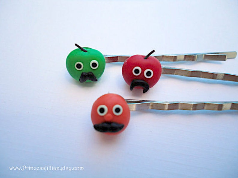 Kawaii & Kitsch hair clips Mustache fruits red orange apple green fun humor girl funny polymer clay decorative embellish hair accessories image 3