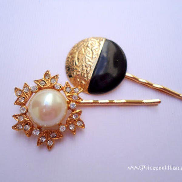 Vintage earrings bobby pins - Grecian goddess black gold nouveau and white pearl with leaf rhinestones jeweled decorative hair accessories