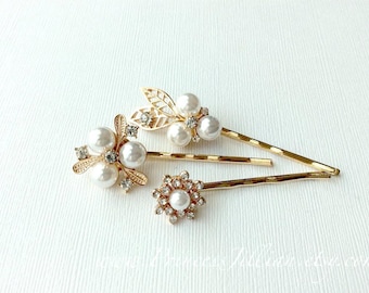 Pearl hair bobbies - Elegant white pearls gold flower leaves rhinestone studded floral snowflake jeweled crystal decorative hair accessories