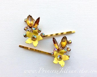 Vintage earrings hair jewelry- Bridal yellow gold enamel flower citrine canary rhinestones girl unique jeweled decorative hair accessories