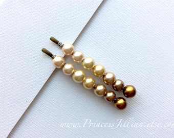 Pearl beaded bobby pins - Rustic woodland ombre brown beige pearls bronze minimalist Fall embellish chic boho decorative hair accessories