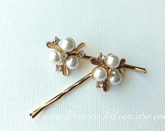 Pearl hair grips - Snow white shiny pearls gold leaves clear rhinestone minimalist floral simple flowers jeweled decorative hair accessories