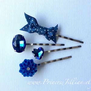 Mixed Media Haarnadel - Kobaltblau Strass Herz Harz Blume funkelnd Saphir Edelstein Schmuck Mädchen Schleife verschönern Haarschmuck