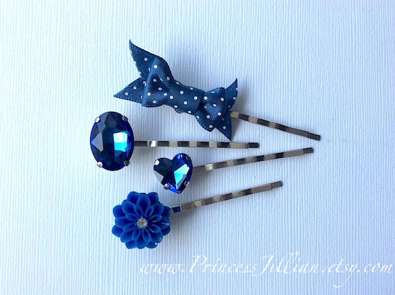 Mixed Media Hair Pin - Cobalt Blue Rhinestone Heart Resin  display picture 1