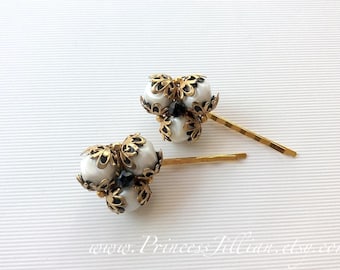Vintage earrings hair slides - Exquisite gold black white pearl beaded cluster floral rhinestones unique decorative jeweled hair accessories