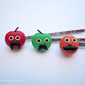 Kawaii & Kitsch hair clips Mustache fruits red orange apple green fun humor girl funny polymer clay decorative embellish hair accessories image 1