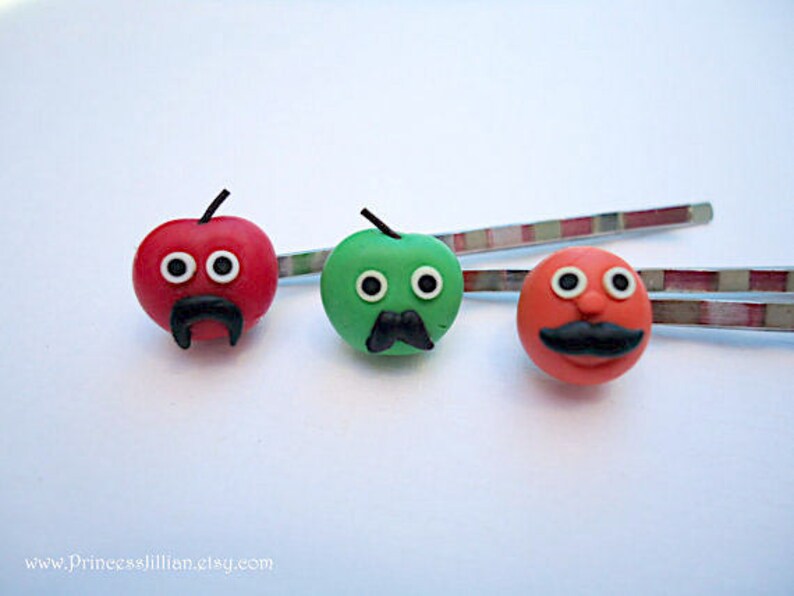 Kawaii & Kitsch hair clips Mustache fruits red orange apple green fun humor girl funny polymer clay decorative embellish hair accessories image 1