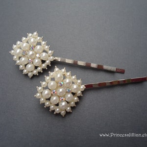 Può includere: Due fermagli per capelli argentati con decorazioni di perle e strass. Ogni fermaglio presenta un gruppo di perle bianche e strass iridescenti disposti a forma di fiore.