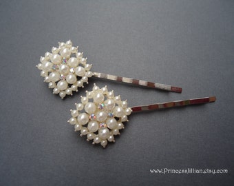 Rhinestones and pearl hair slides - Dainty white pearl small AB crystal bridal wedding classic jeweled embellish decorative hair accessories