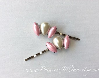 Rhinestones hair pins - Bubblegum pink ivory beige pearl teardrop marquise pearlescent unique embellish cute gem decorative hair accessories