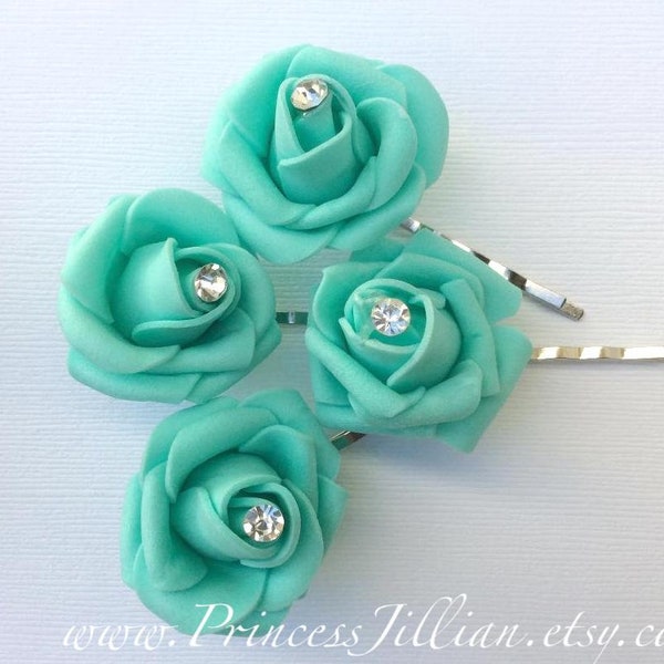 Fabric bobby pins - Turquoise blue rose teal aquamarine flowers sparkly clear rhinestones unique bridal girl decorative hair accessories