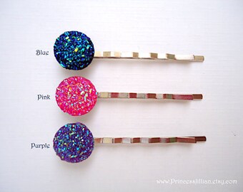 Sparkly Cabochon hair slides - You choose Pink, Blue, and Purple acrylic druzy simple fun girl embellish decorative hair accessories