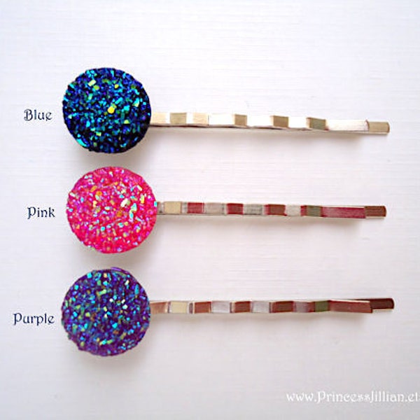 Sparkly Cabochon hair slides - You choose Pink, Blue, and Purple acrylic druzy simple fun girl embellish decorative hair accessories