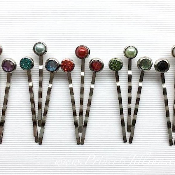 Cabochon bobby pins - Minimalist tiny sparkly pearls glitters rhinestones simple jewel gem red blue green purple decorative hair accessories