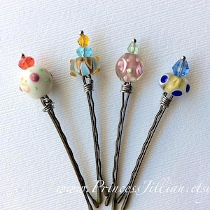 Beaded bobby pins - Wire wrapped lampwork unique cute simple girl dainty flower dots blue gold pink white red green jeweled hair accessories