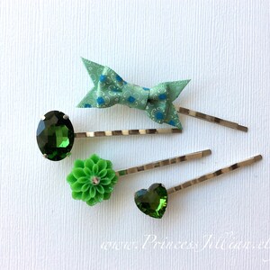 Mixed media hair slides - Kelly green fern jade sparkly rhinestone crystal satin bow resin floral jewel gem girl decorative hair accessories