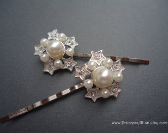 Bridal hair pins - White pearls star rhinestone silver crystal wedding jeweled sparkly celestial embellish decorative fancy hair accessories