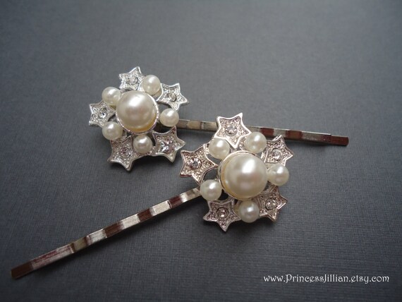Bridal Hair Pins - White Pearls Star Rhinestone Silver  display picture 1