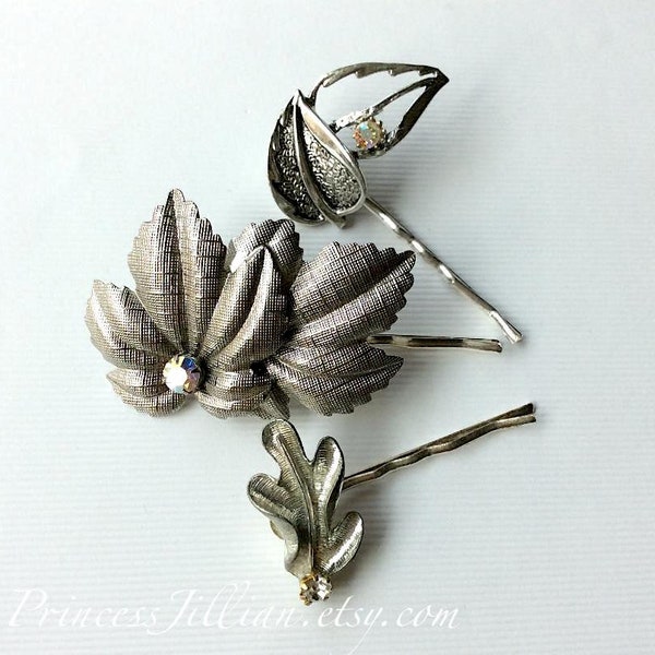 Vintage earrings hair slides - Textured silver leaves nature maple single rhinestone woodland pewter decorative embellish hair accessories