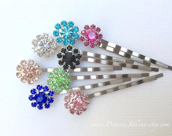 Rhinestone hair pin - Colorful petite sparkly flower rhinestones gem floral wedding jewel simple bridal girl fun decorative hair accessories