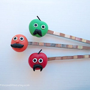 Kawaii & Kitsch hair clips Mustache fruits red orange apple green fun humor girl funny polymer clay decorative embellish hair accessories image 2