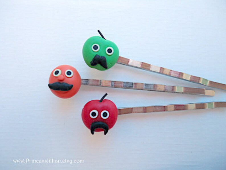 Kawaii & Kitsch hair clips Mustache fruits red orange apple green fun humor girl funny polymer clay decorative embellish hair accessories image 2