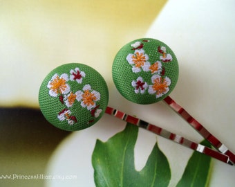 Fabric bobby pins - Japanese cherry blossom white yellow green flowers sakura decorative oriental unique girl decorative hair accessories