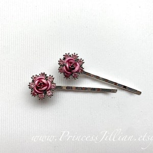 Vintage earring hair jewelry - Pink petite rose rhinestones aluminum folded flower girl unique jeweled embellish decorative hair accessories