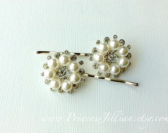 Rhinestones and pearls hair bobbies - White sparkly crystal floral silver fancy flowers bridal chic girl rhinestone jeweled hair accessories