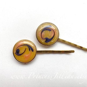 Vintage earrings hair pins - Canary amber yellow gold enamel swirls painted blue pink heart unique art decorative embellish hair accessories