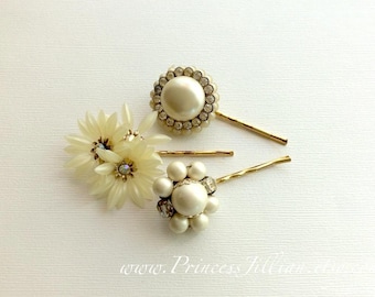 Vintage earring hair grips - Ivory cream pearl flowers clusters crystal rhinestone jeweled unique gold embellish decorative hair accessories