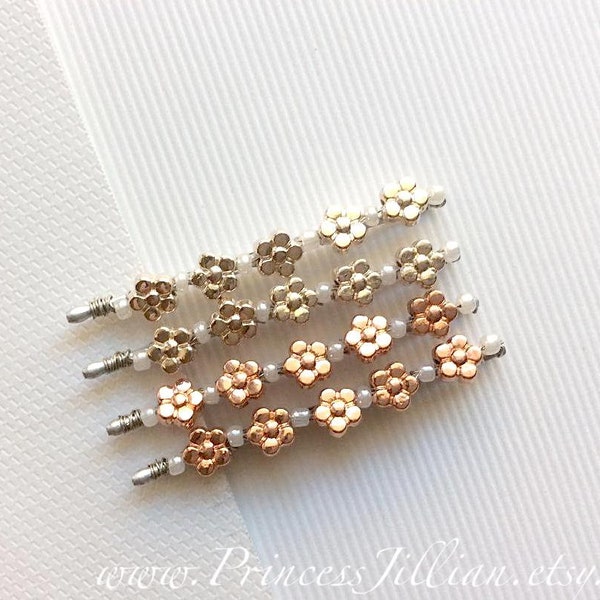 Beaded hair slide - Cute simple metallic flowers white pearl seed bead dainty floral chic girl embellish jeweled decorative hair accessories