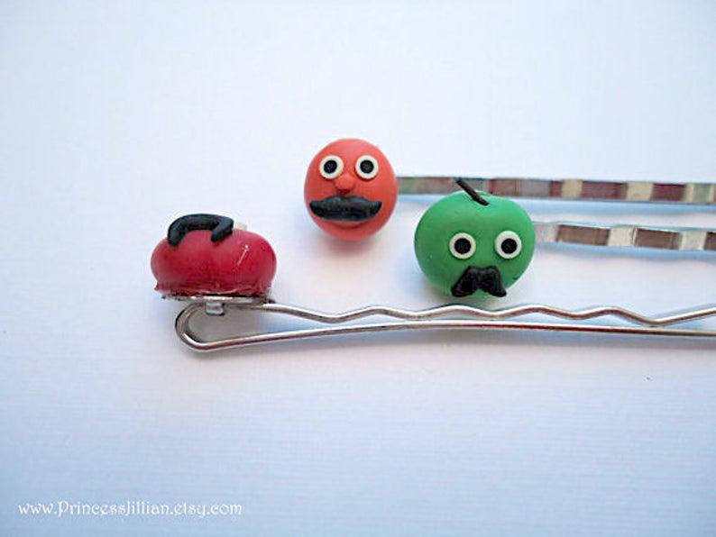 Kawaii & Kitsch hair clips Mustache fruits red orange apple green fun humor girl funny polymer clay decorative embellish hair accessories image 4