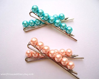 Pearl Beaded bobby pins - Classic minimalist glass aqua turquoise light sky blue baby pink rosy rose gold decorative unique hair accessories