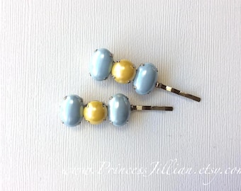 Rhinestones hair grips - Baby light blue canary yellow gold pearls unique cute pastel embellish pearlescent gem decorative hair accessories