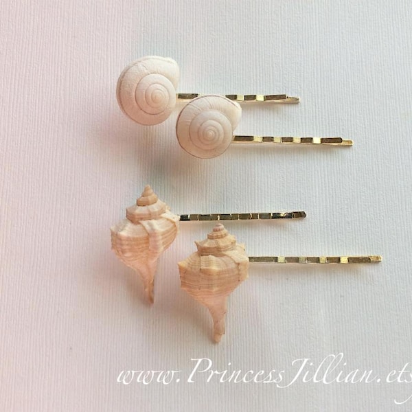 Nature inspired hair pins - Beach ocean ivory white sea moon shell whelks simple petite natural gold real seashell jeweled hair accessories