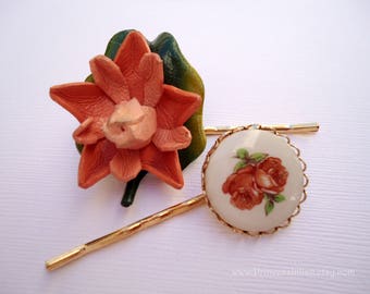 Vintage earrings hair grips - Fall Autumn orange leather flower painted roses ceramic gold jeweled burnt orange decorative hair accessories