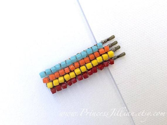 Beaded Hair Pins - Colorful Red Bright Bold Yellow Orange 