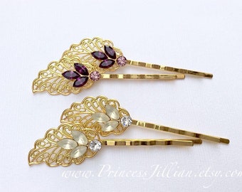 Rhinestones hair clips - Exquisite Swarovski leaf crystals frosted white purple filigree leaves floral jeweled decorative hair accessories