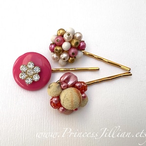 Pendientes vintage con pasadores para el pelo: adorno decorativo con cabujón de diamantes de imitación floral de color rosa chicle, accesorios para el pelo con joyas.