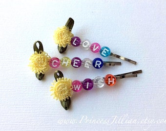 Fabric hair slide - Tiny yellow flower with inspirational word embellish simple lightweight alpha bead fun girls decorative hair accessories