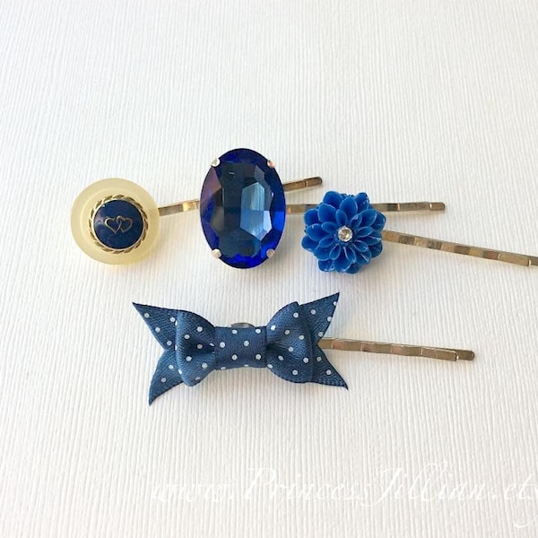 Mixed media hair clips - Sapphire blue rhinestone resin flower heart button royal gem azure navy bow decorative embellish hair accessories