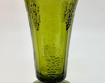 Vintage Green Grapevine Glass Vase Mid Century Avocado Pressed Glass Pedestal Vase Indiana Glass Style Retro Cottagecore Decor